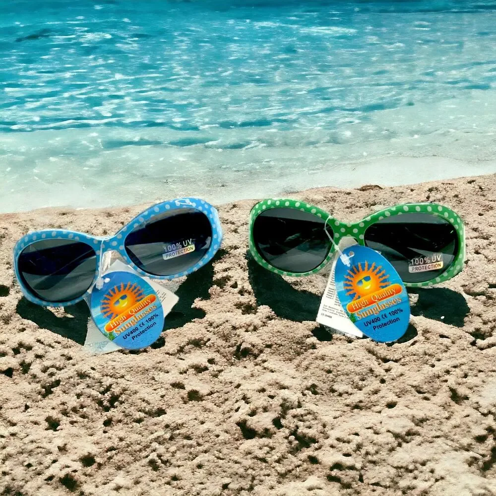 Kids Sunglasses 100% UV Protection Green & Blue Retro Frames & White Polka Dots